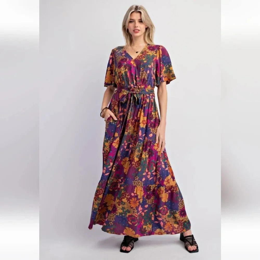 Easel Floral Challis Short Sleeve Maxi Dress New - Picture 3 of 6